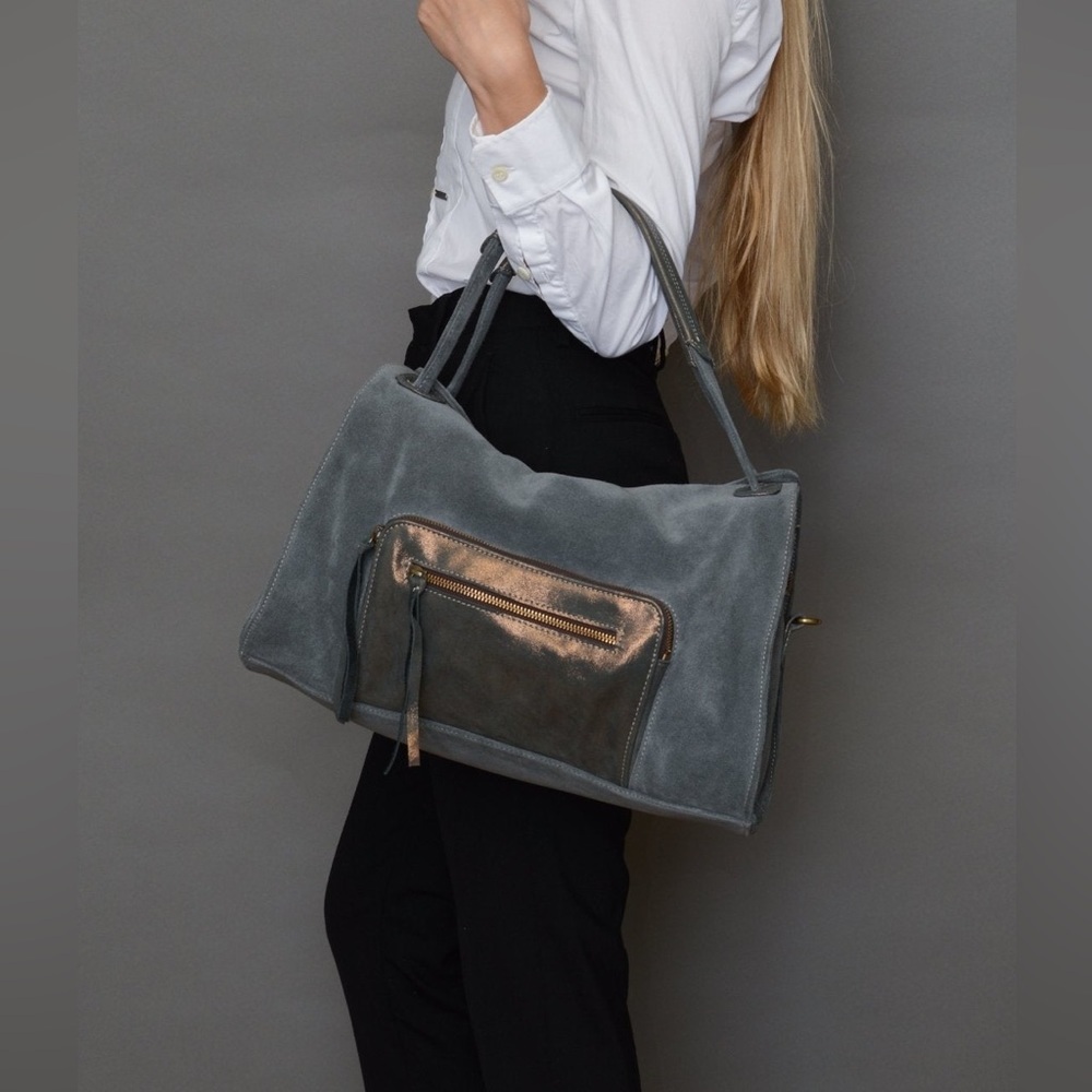 Carla Mancini Italian Nubuck Leather Shoulder Bag Gray Distressed Zip Tote